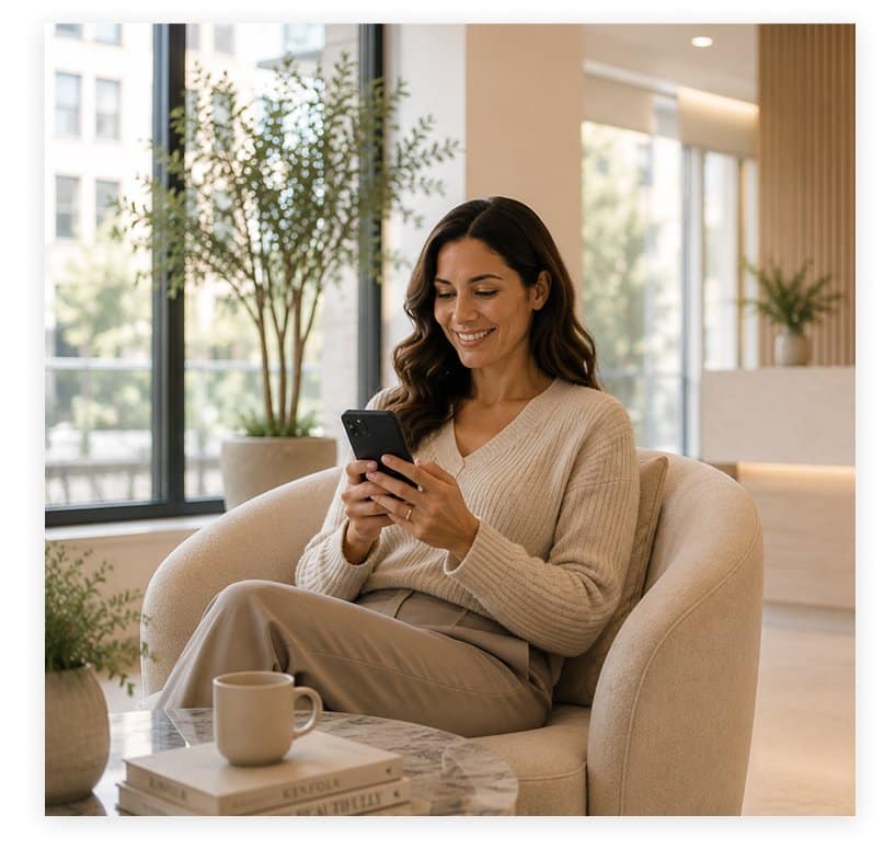 Woman relaxing in a modern lounge, smiling at her smartphone with a mug and books on a marble table nearby.